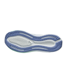 The outsole of a running shoe shown from a top-down view, featuring a white and light blue cushioned tread pattern on a solid white background.
