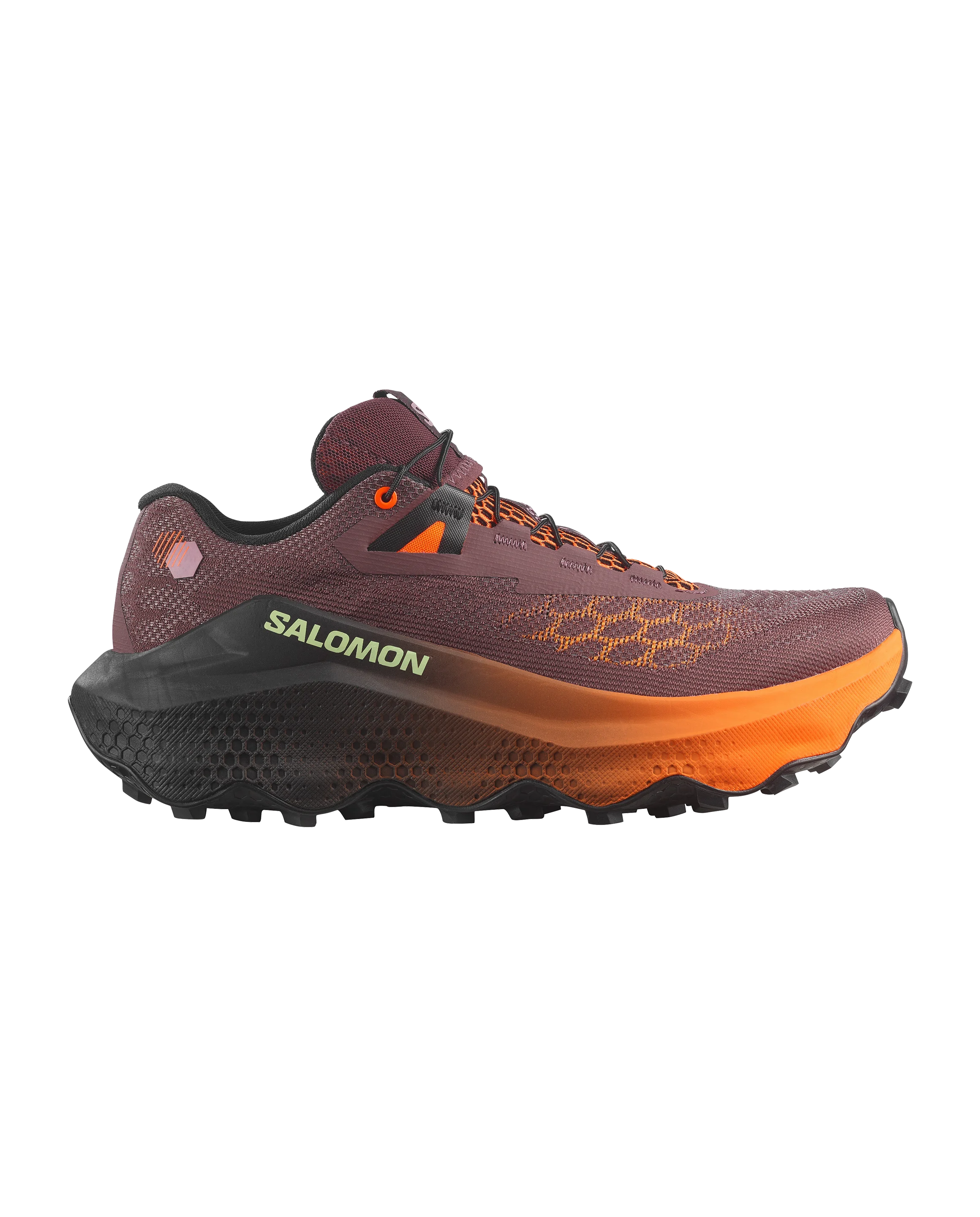 A Salomon trail running shoe in a dark plum-brown colorway with a bright orange midsole and orange accents, shown from a side profile on a white background.