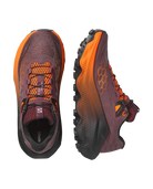 A pair of Salomon trail running shoes shown from the top and side views against a plain white background. The shoes feature a textured dark purple and orange mesh upper with a black and orange midsole.