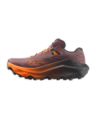 A trail running shoe shown in a side profile view against a solid white background. The shoe features a dark plum-purple mesh upper with orange geometric honeycomb patterns, a thick orange midsole, and a black and dark gray outsole.