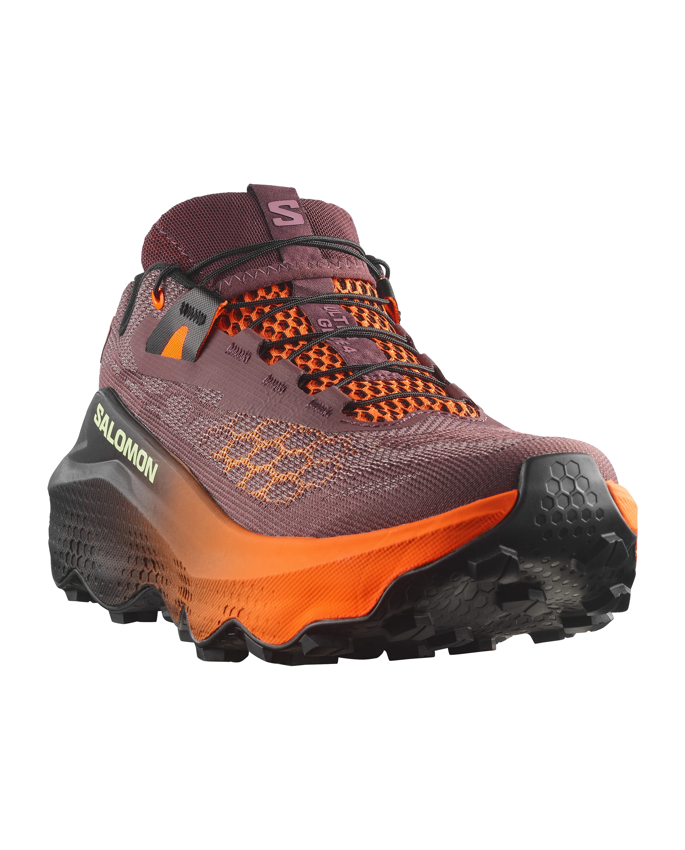 Salomon trail running shoe in maroon and orange, featuring a textured knit upper, orange and black laces, and a rugged black and orange outsole, shown against a plain white background.