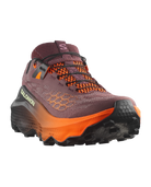 Salomon trail running shoe in maroon and orange, featuring a textured knit upper, orange and black laces, and a rugged black and orange outsole, shown against a plain white background.