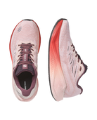 A pair of Salomon running shoes in light pink and coral red, shown from the top and side views on a solid white background.