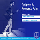 Man walking up stairs with text about pain relief for plantar fasciitis on a blue background