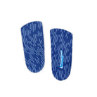 Pair of blue athletic insoles with a pattern on a white background