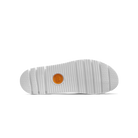 Close-up of a shoe sole with a brand logo on a white background