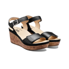 Black wedge sandals with cork sole on a white background