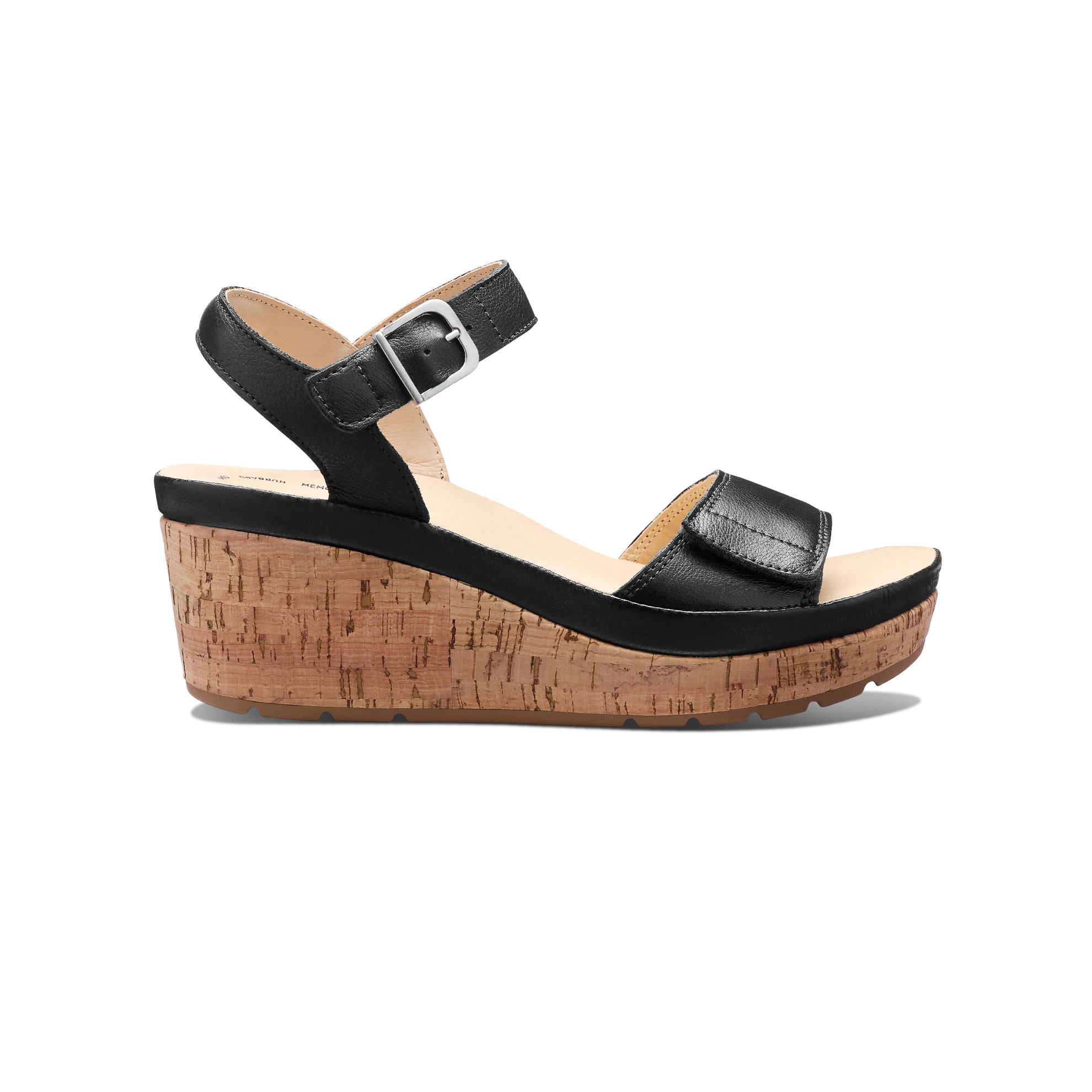 Black wedge sandal with cork sole on a white background