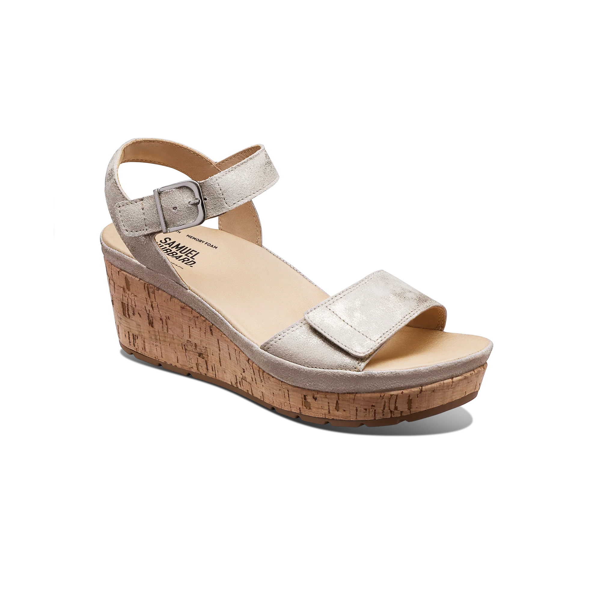 Silver wedge sandal with cork sole on a white background
