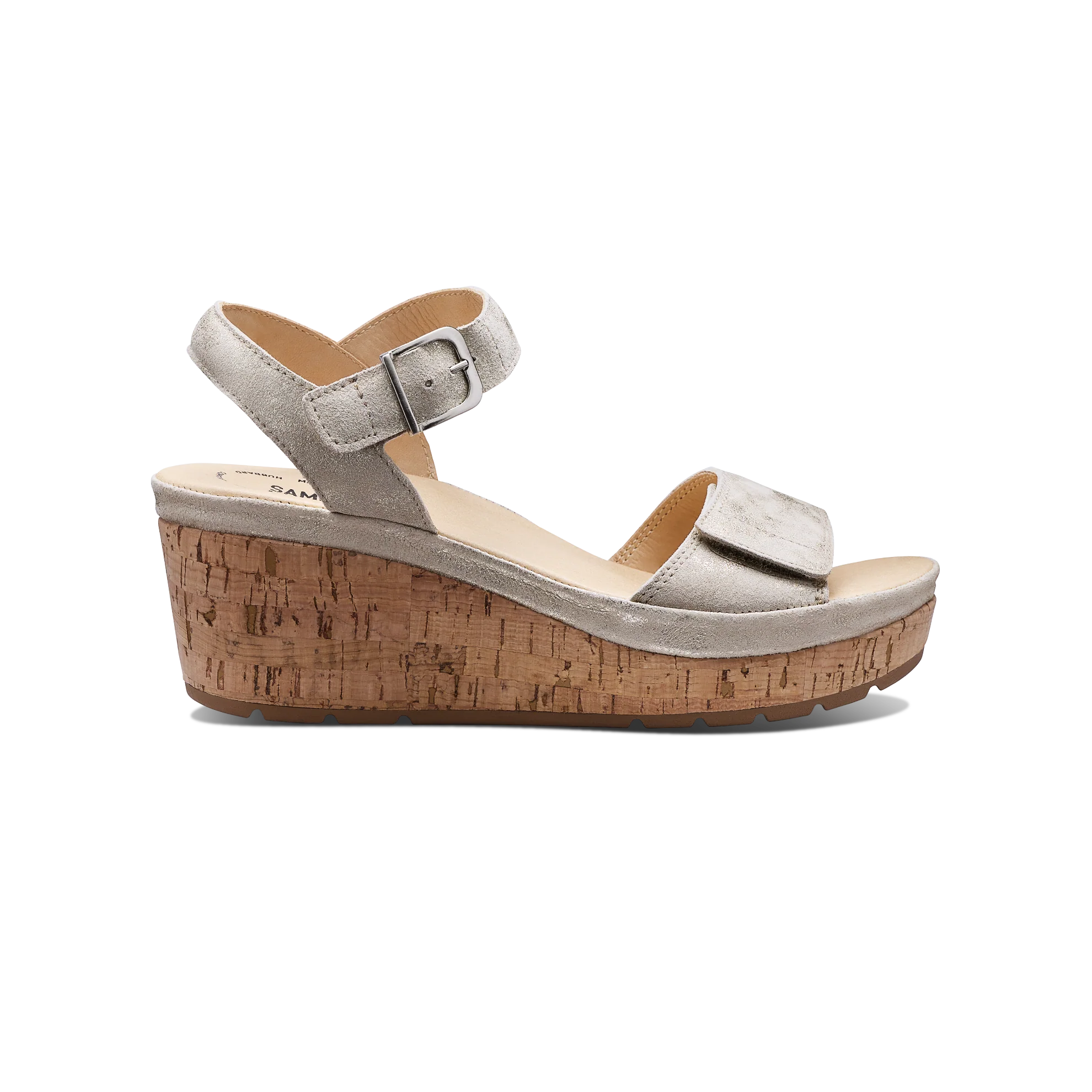 Wedge sandal with cork wedge on a white background