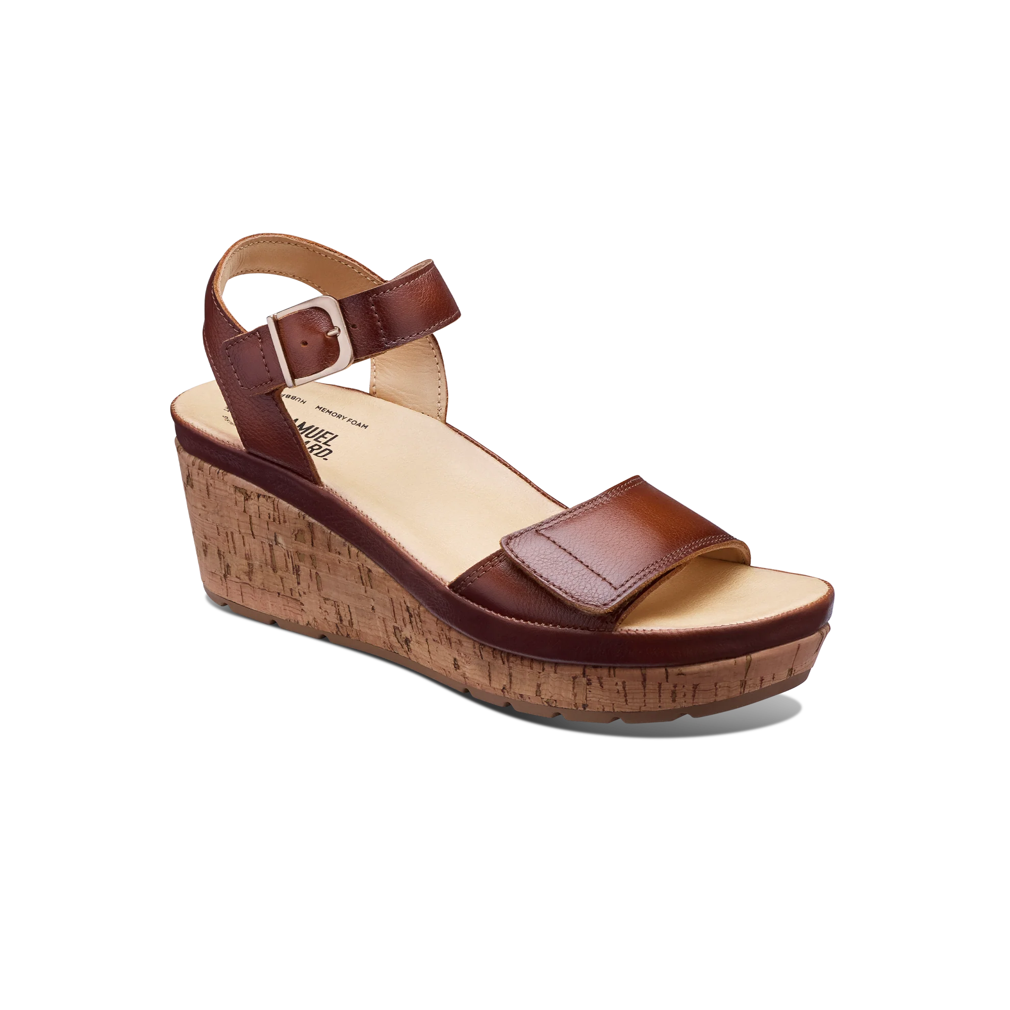 Brown wedge sandal with cork sole on a white background