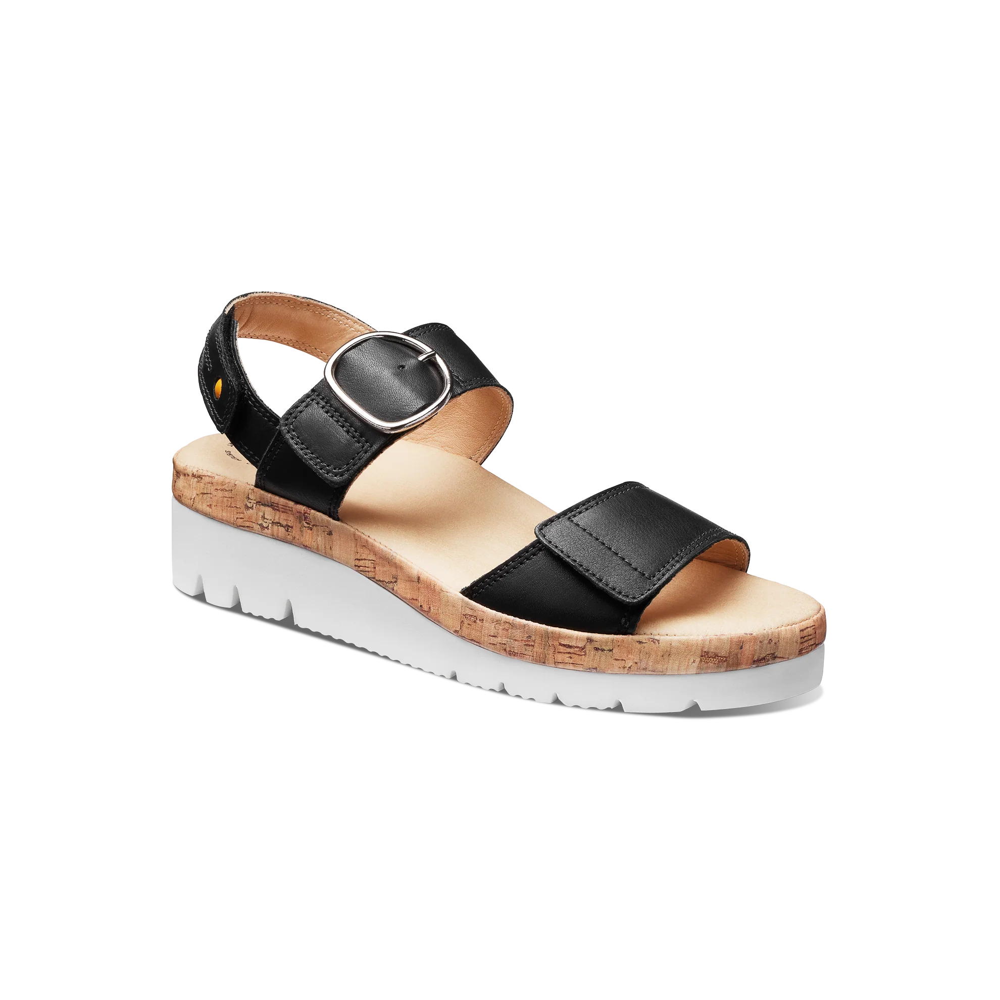 Black sandal with cork wedge sole on a white background