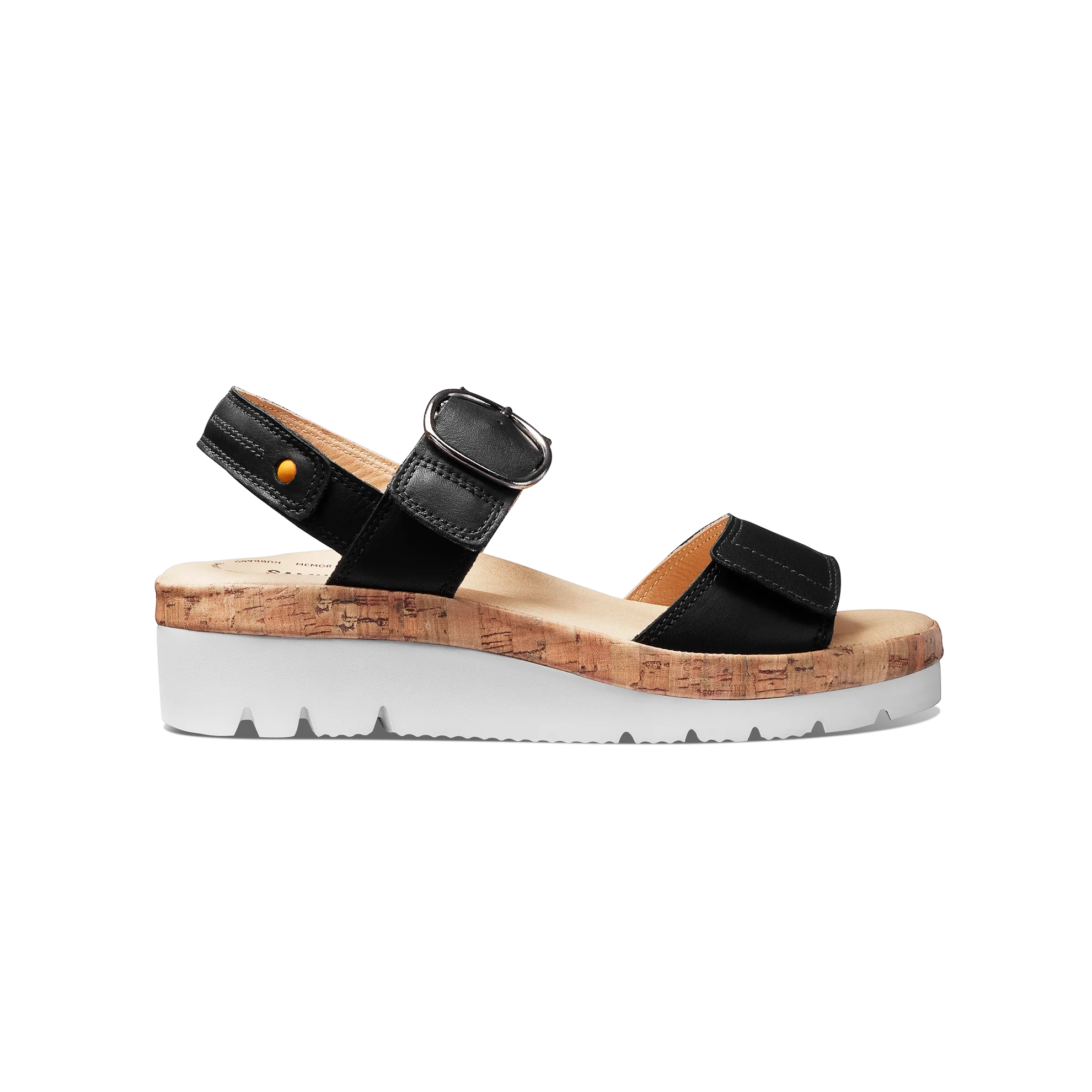 Black sandal with cork platform on a white background