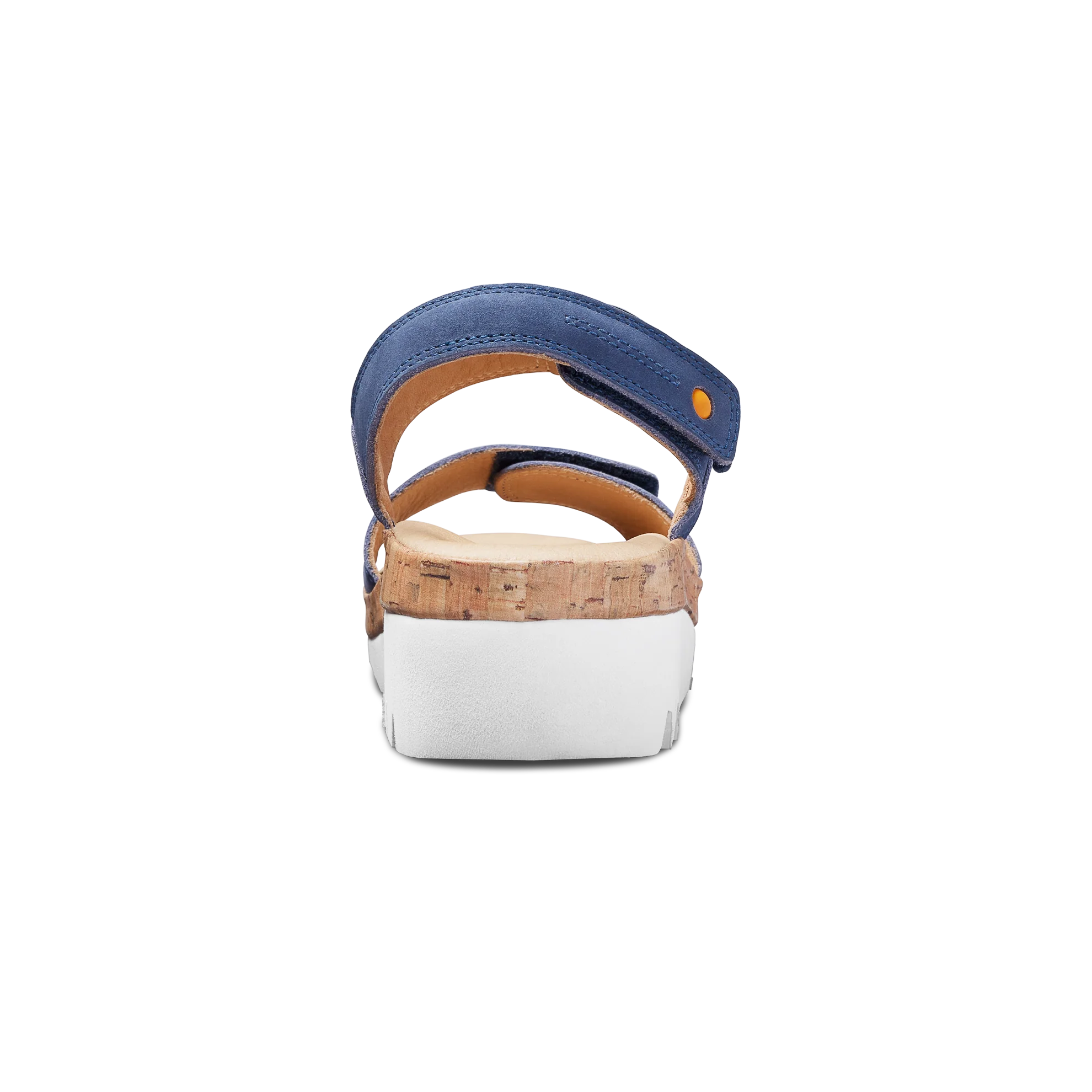 Blue sandal with cork strap and white sole on a white background