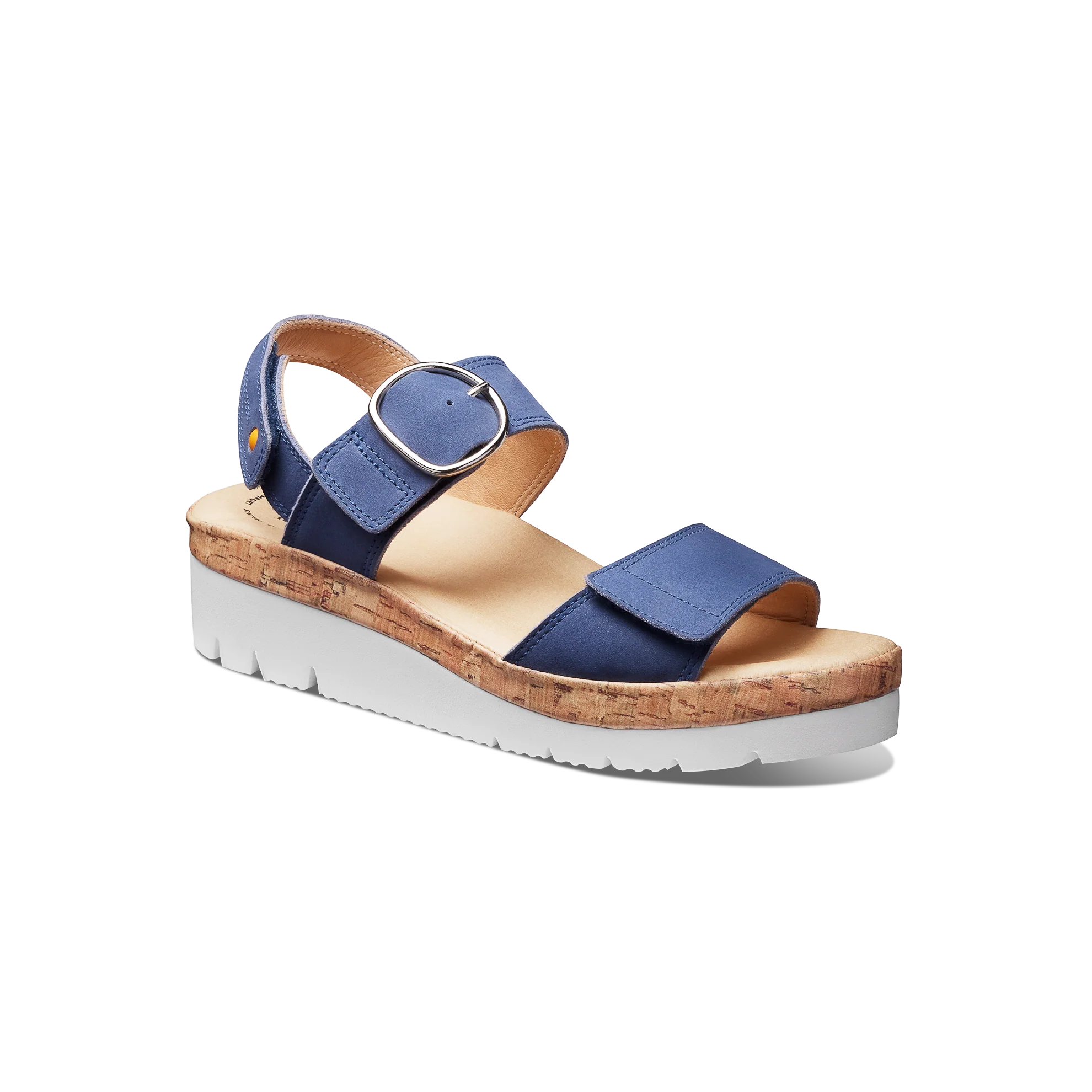Blue sandal with cork sole on a white background