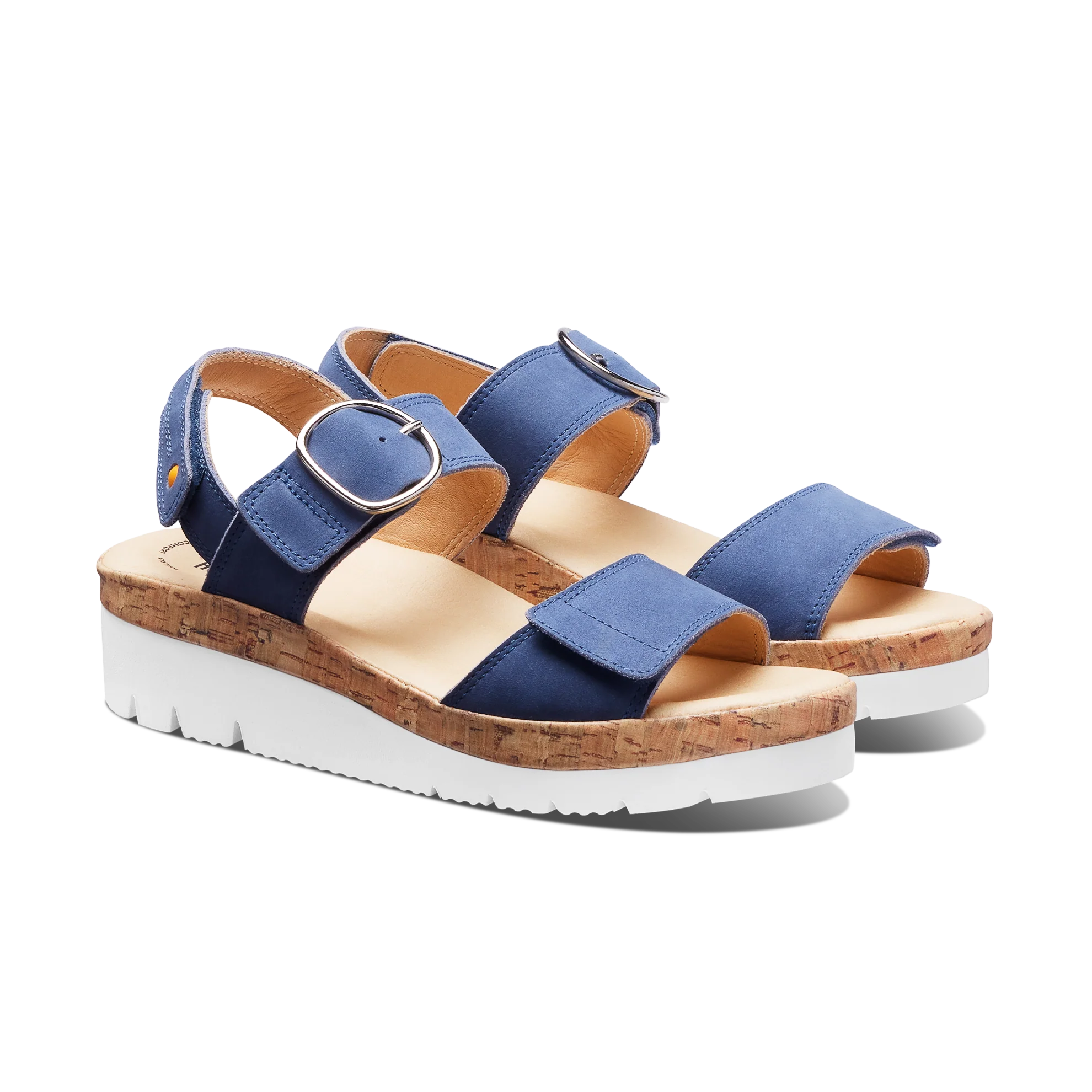 Blue sandals with cork platform on a white background