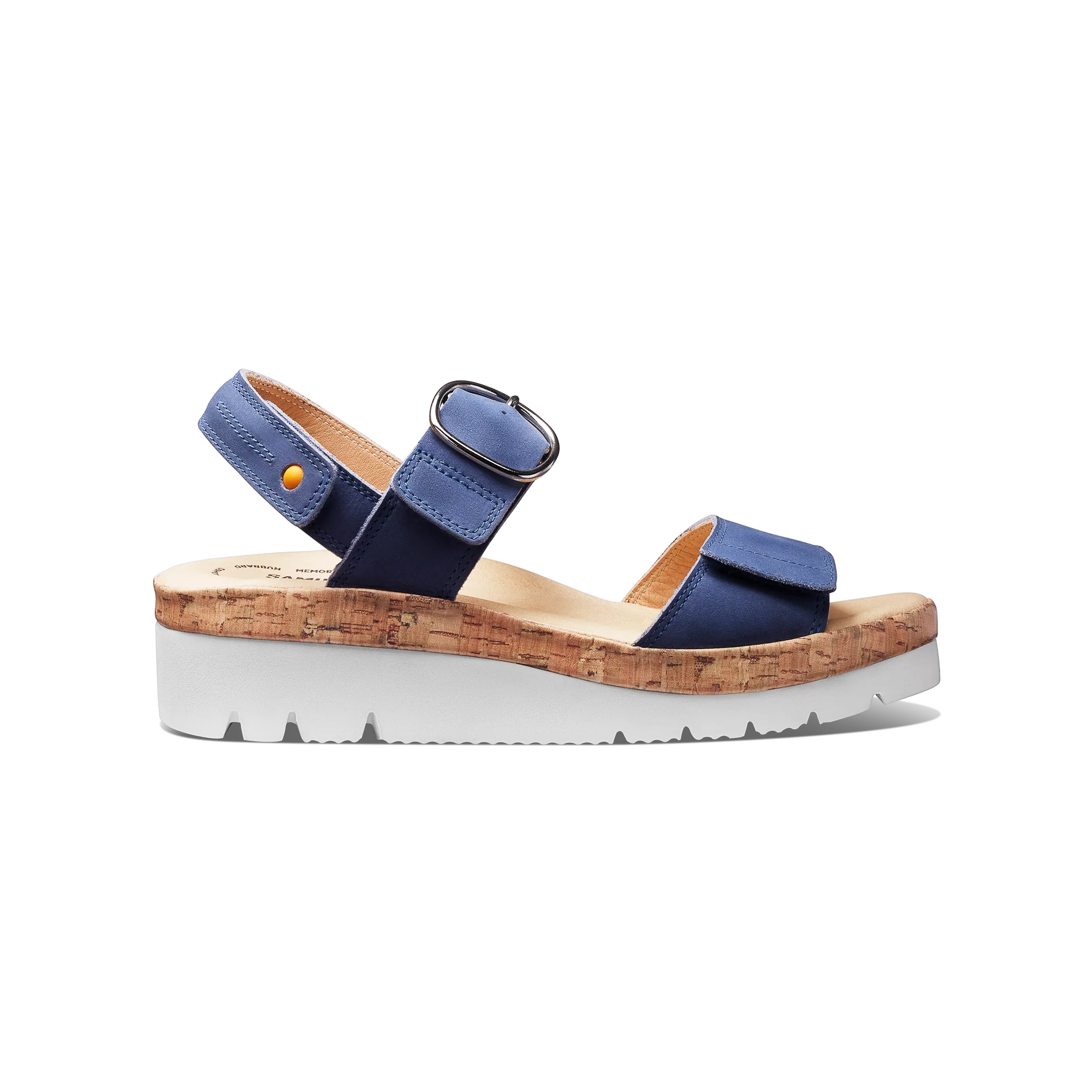 Blue sandal with cork platform on a white background