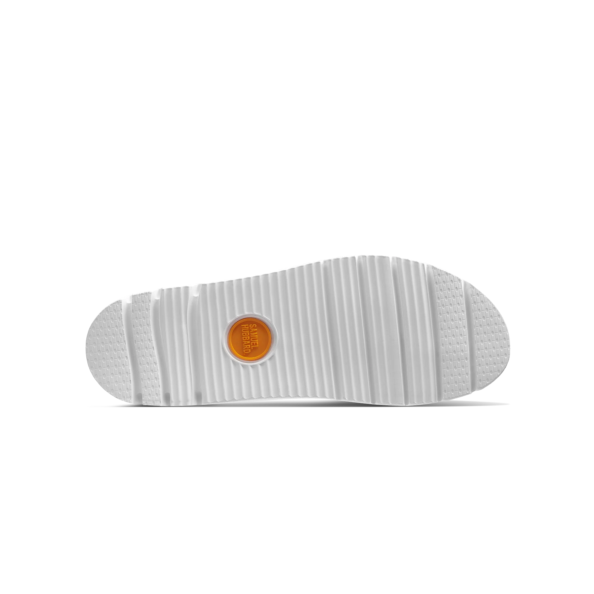 Close-up of a shoe sole with a brand logo on a white background