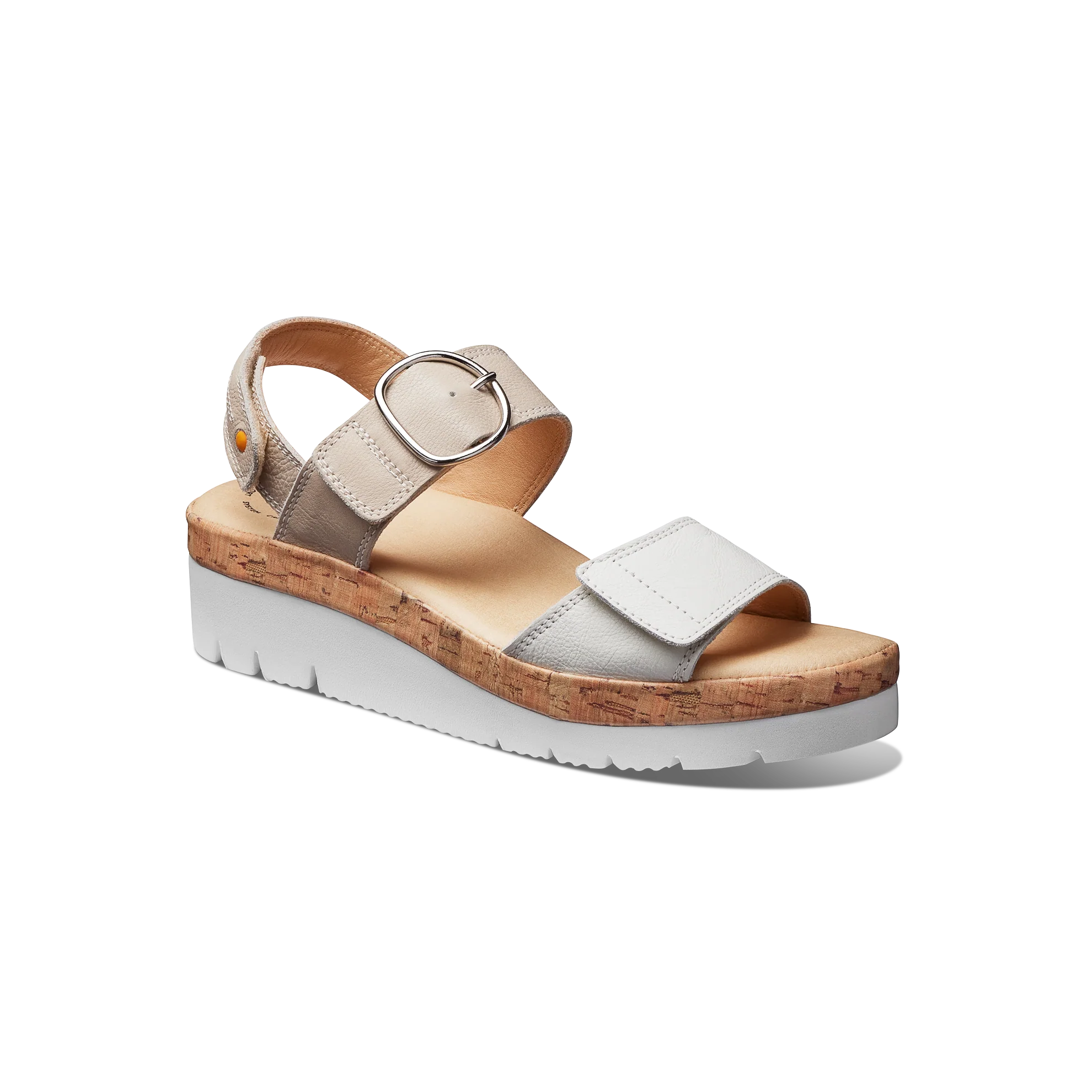 White sandal with cork sole on a white background