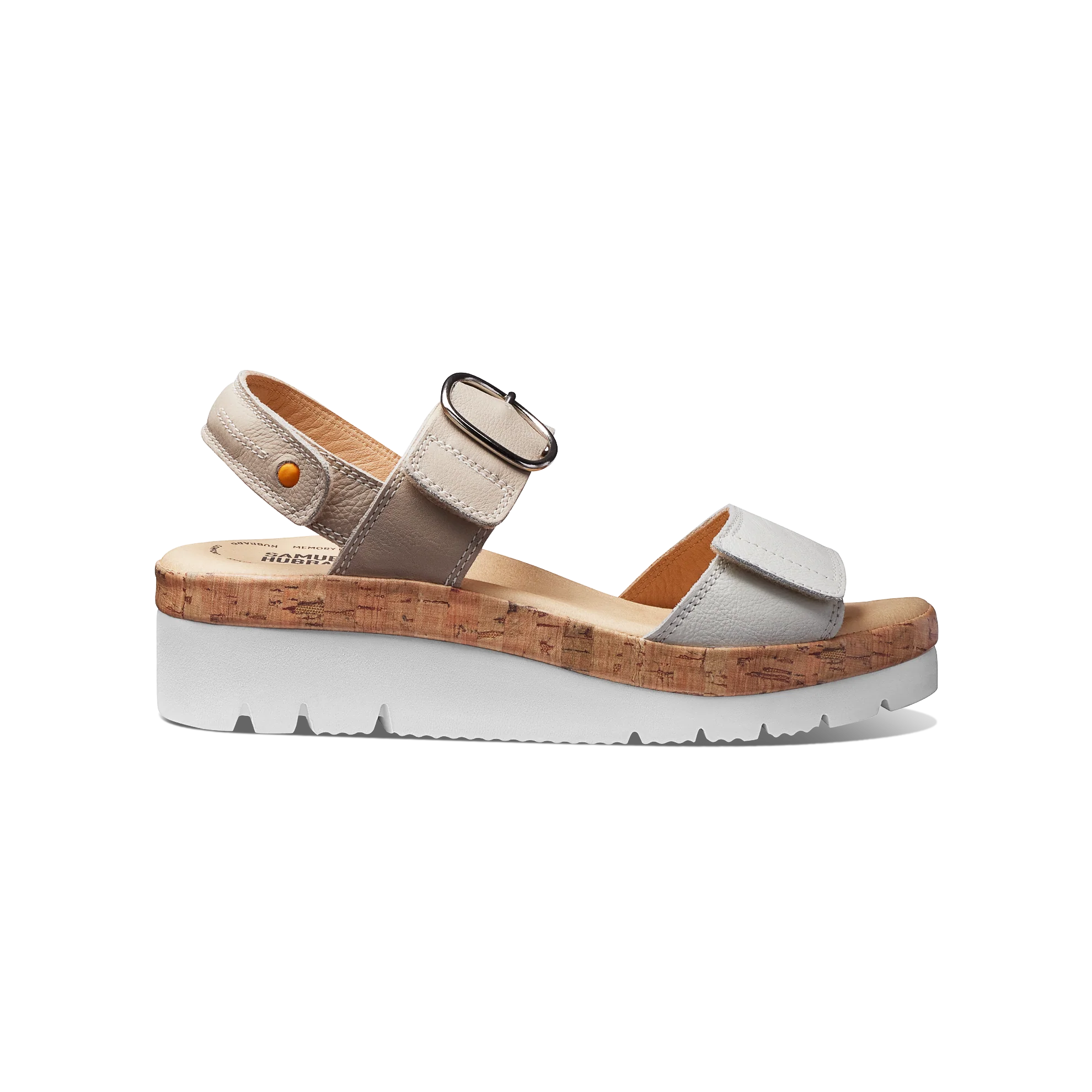 White sandal with cork platform on a white background