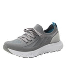Gray running shoe with white sole on a white background