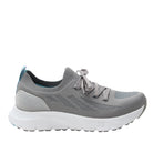 Gray running shoe with white sole on a white background