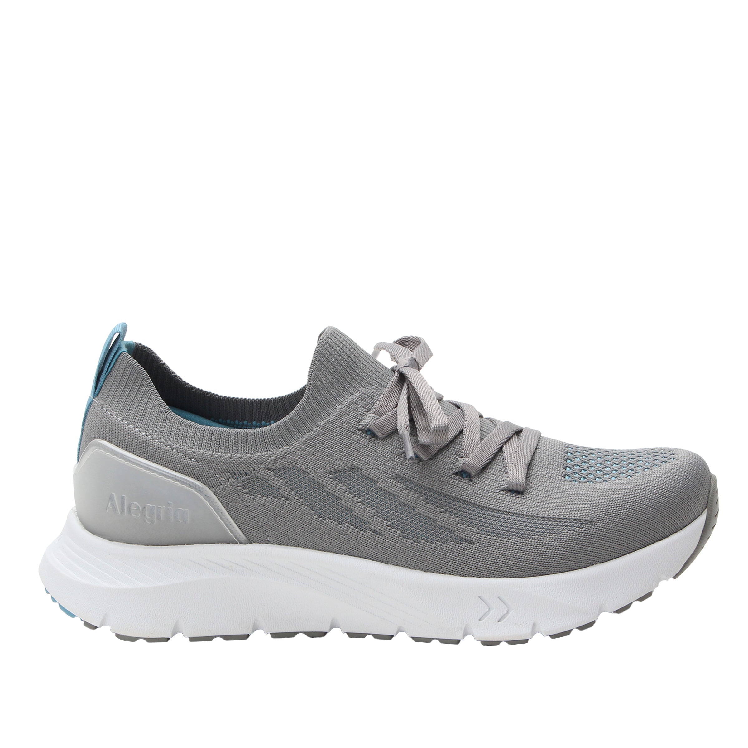 Gray running shoe with white sole on a white background