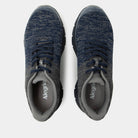 Pair of blue athletic shoes with 'Alegria' branding on a white background