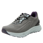 Gray running shoe with white sole on a white background