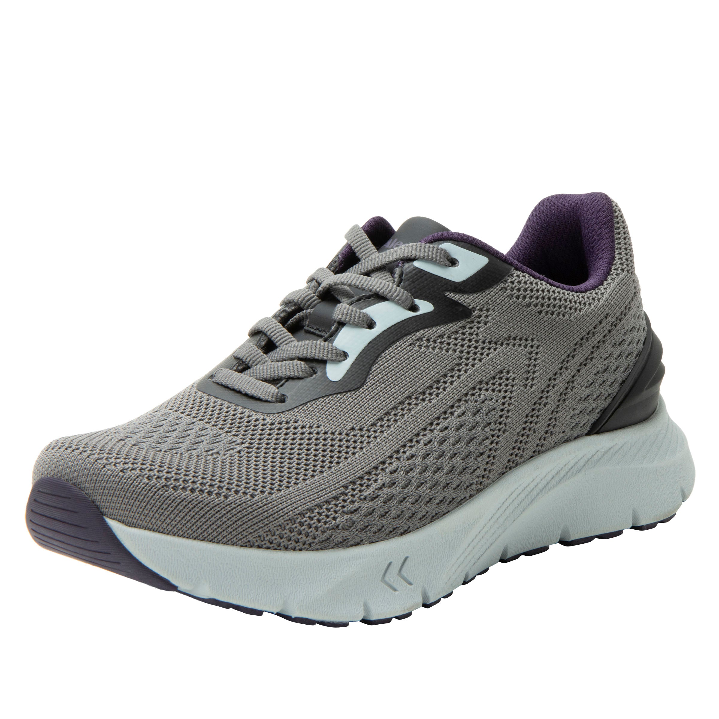 Gray running shoe with white sole on a white background