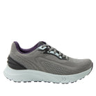 Gray running shoe with a white sole on a white background