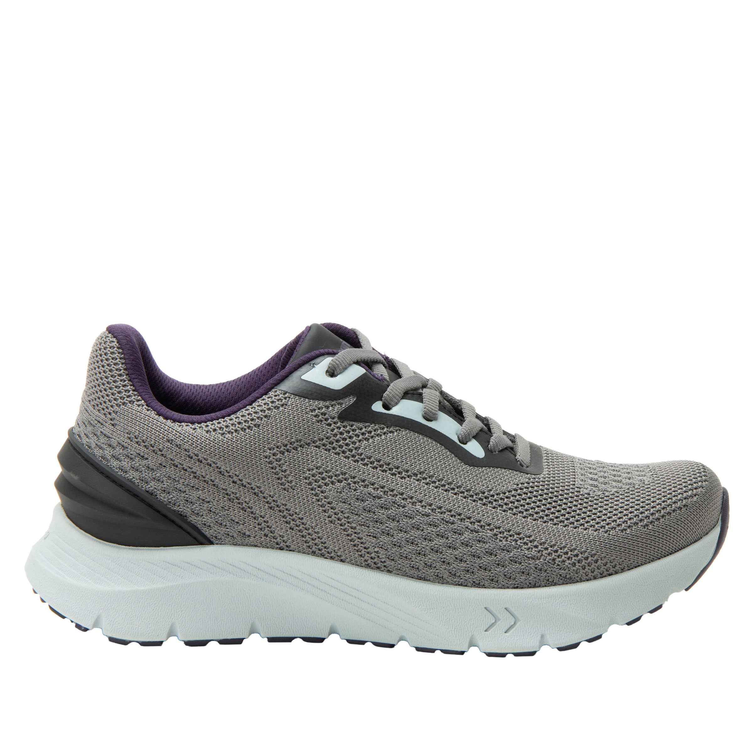 Gray running shoe with a white sole on a white background