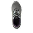 Gray athletic shoe with purple lining on a white background