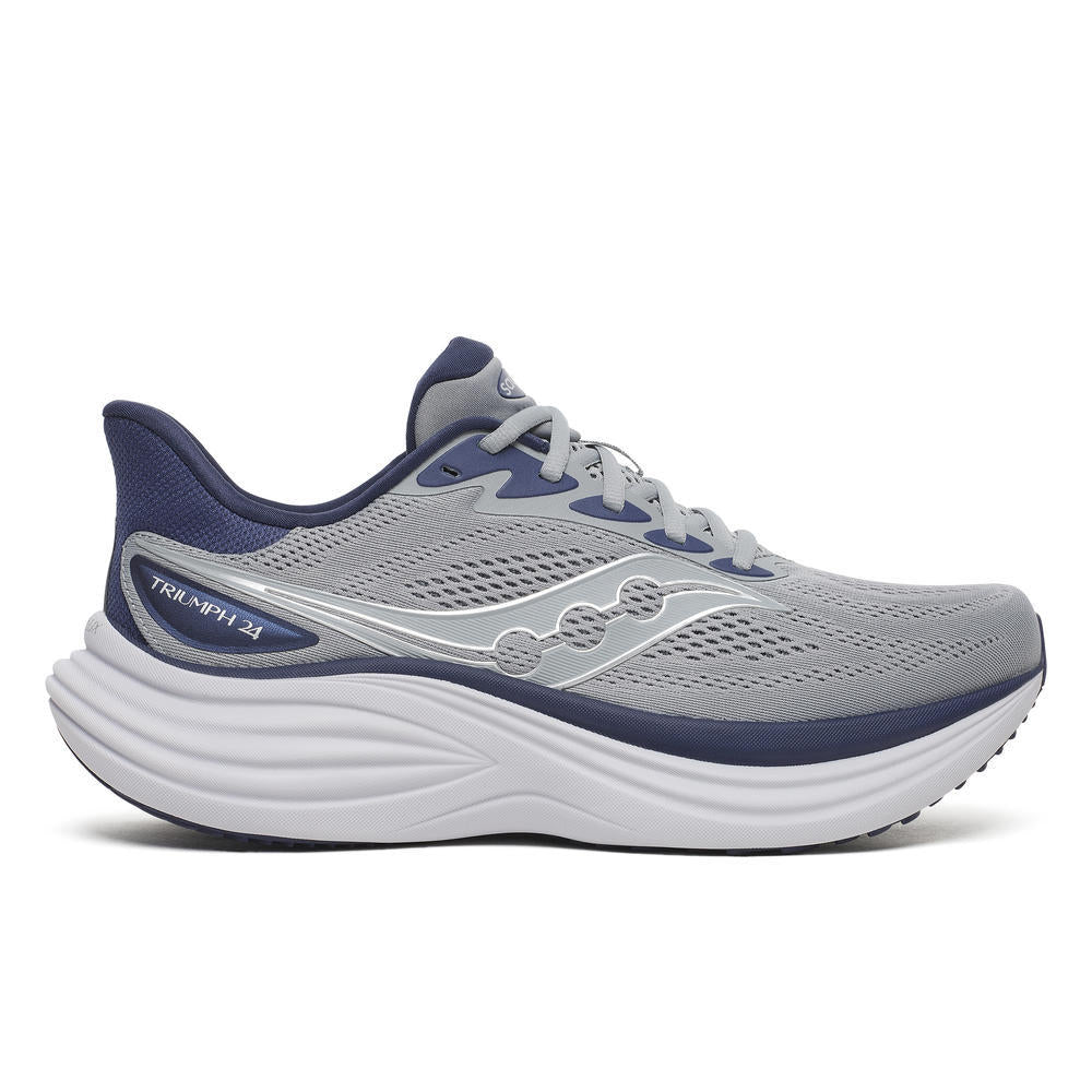 Gray running shoe with white sole on a white background