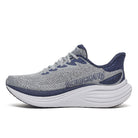 Gray and blue running shoe with white sole on a white background