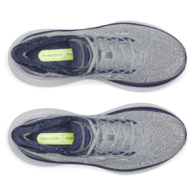 Gray running shoes with navy accents on a white background