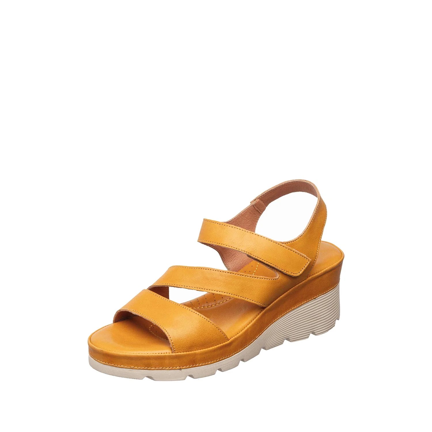 Yellow sandal with a platform sole on a white background