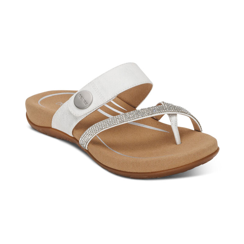 Women's Aetrex Izzy Adjustable Slide Sandal Color: White Sparkle 1