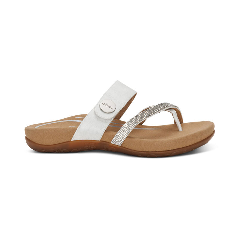 Women's Aetrex Izzy Adjustable Slide Sandal Color: White Sparkle 2