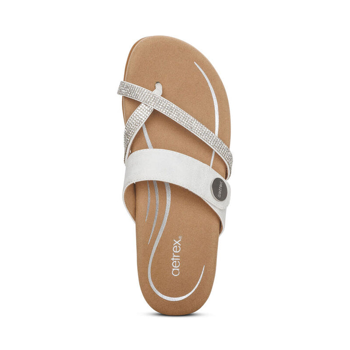 Women's Aetrex Izzy Adjustable Slide Sandal Color: White Sparkle 5