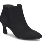 A black suede ankle boot with a pointed toe and a low block heel, shown from a side profile on a white background.