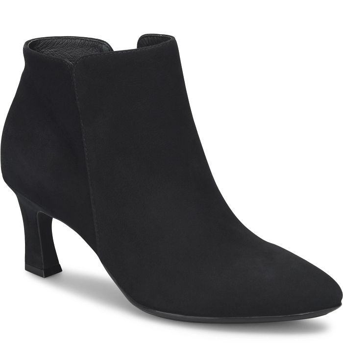 A black suede ankle boot with a pointed toe and a low block heel, shown from a side profile on a white background.