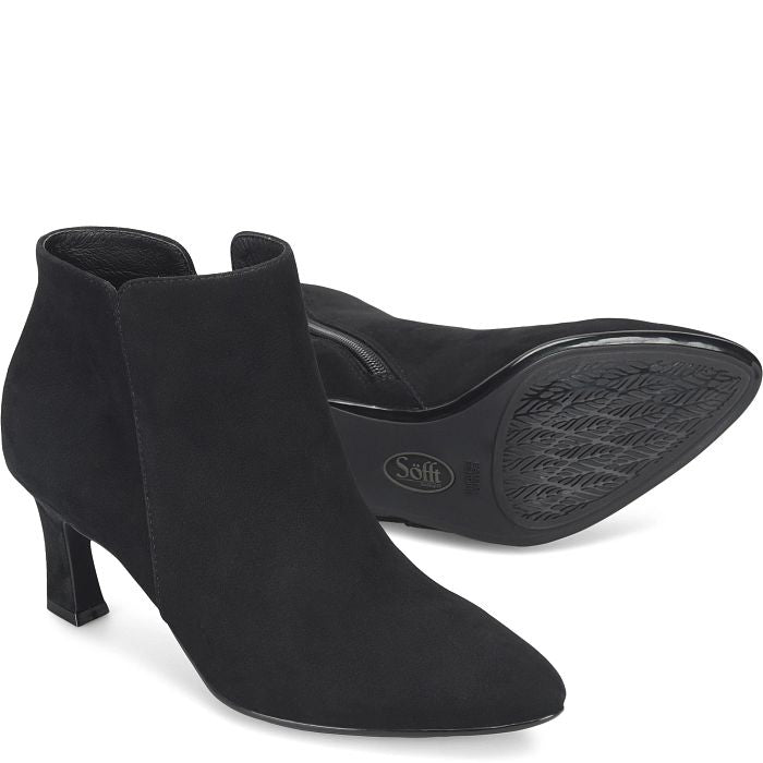 A pair of black suede ankle boots with kitten heels, with one boot showing the side profile and the other showing the treaded outsole. The brand name 'Sofi' is embossed on the sole.