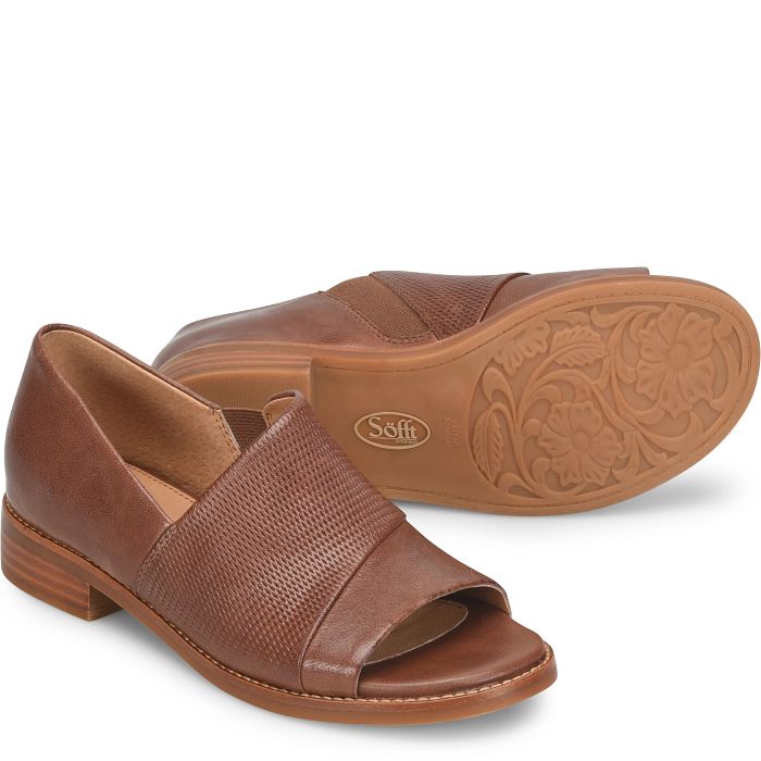 Brown open-toe sandals with 'Sofft' branding on a white background