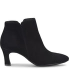 A single black suede ankle boot with a kitten heel, shown in a side profile view against a plain white background.