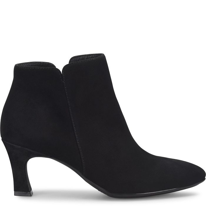A single black suede ankle boot with a kitten heel, shown in a side profile view against a plain white background.