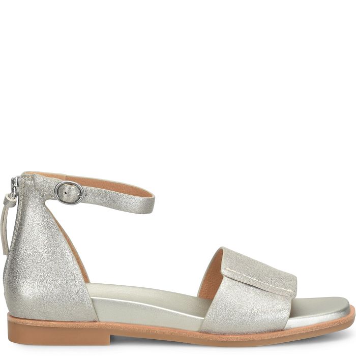 Silver sandal with a strap on a white background