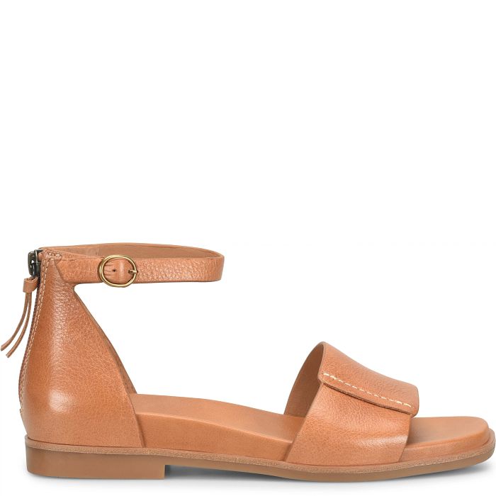 Tan sandal with a strap on a white background