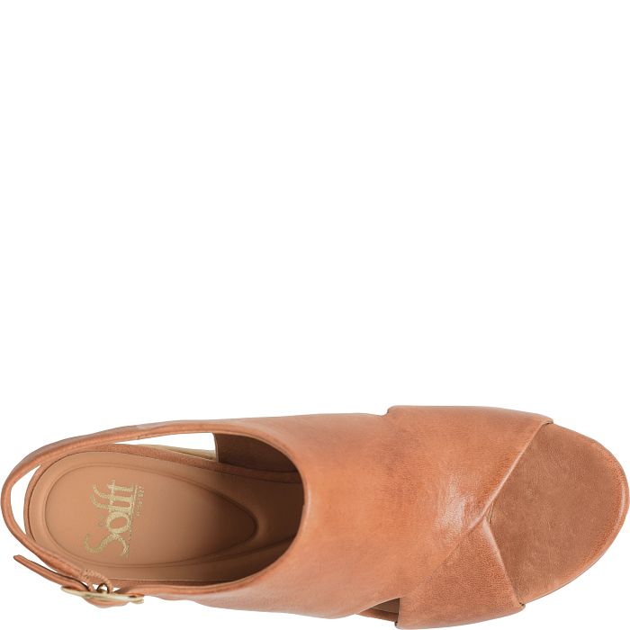 Tan sandal with a brand logo on a white background