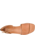 Tan sandal with a brand logo on a white background